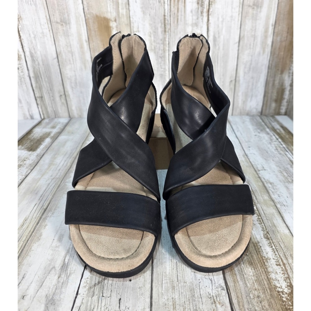 Earth Spirit Comfort Womens Black Strappy Wedge Sandals Tan Cushioned Size 10